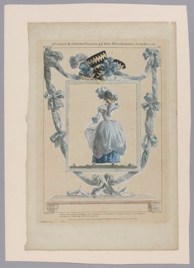 Femme en robe de taffetas bleu vue de dos dans un cadre, chapeau et souliers, Galerie des modes, Fonds d'estampes du XVI, K2466