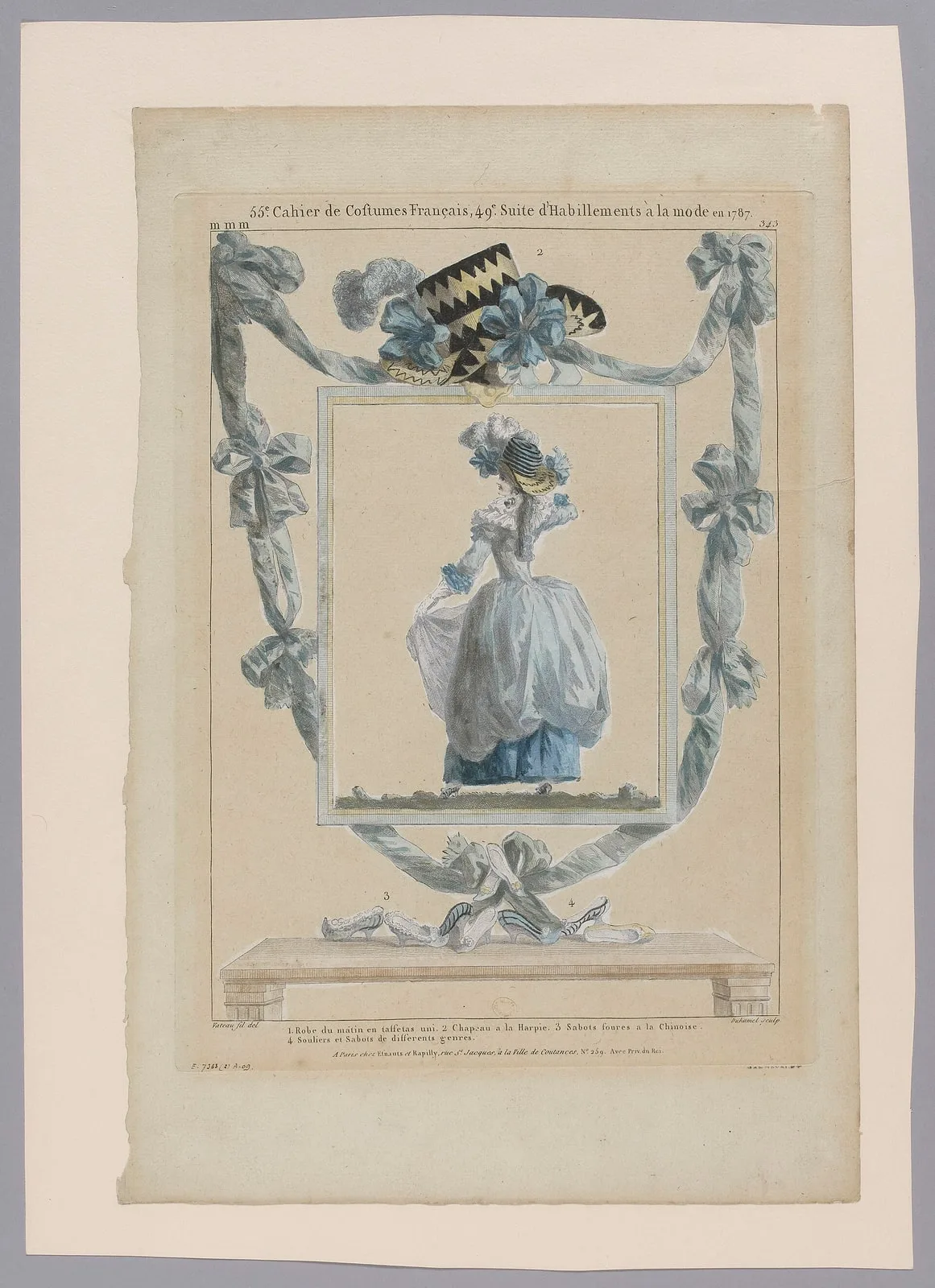Femme en robe de taffetas bleu vue de dos dans un cadre, chapeau et souliers, Galerie des modes, Fonds d'estampes du XVI, K2466