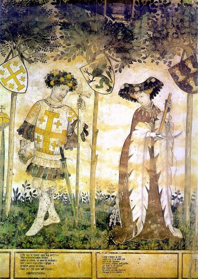 Godfrey of Bouillon as one of the Nine Worthies, with Deipyle ( Deiphille ) as one of the Nine Worthy Women (with arms argent a griffon vert [also visible: arms of Iynoppe : gules three busts crowned or )