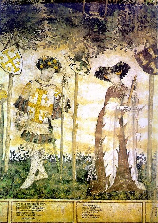 Godfrey of Bouillon as one of the Nine Worthies, with Deipyle ( Deiphille ) as one of the Nine Worthy Women (with arms argent a griffon vert [also visible: arms of Iynoppe : gules three busts crowned or )