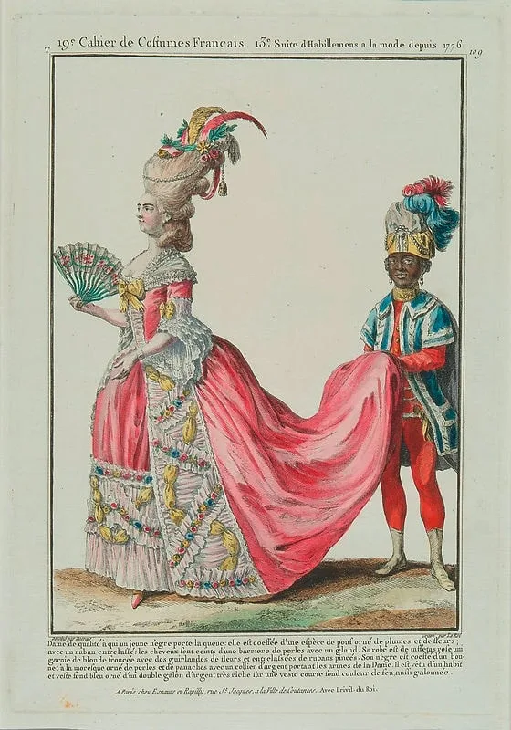 Gentlewoman with a young negro carring her train.