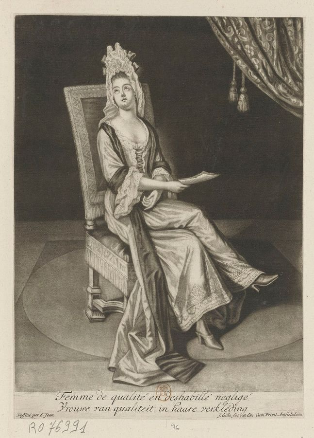 Femme de qualité en deshabillé negligé : [estampe] ([Seul état connu]) / Dessiné par S. Jean ; J. Gole fec. et Exc. Cum Privil. Amstelodami Alternative title : Vrouwe van qualiteit in haare verkleding