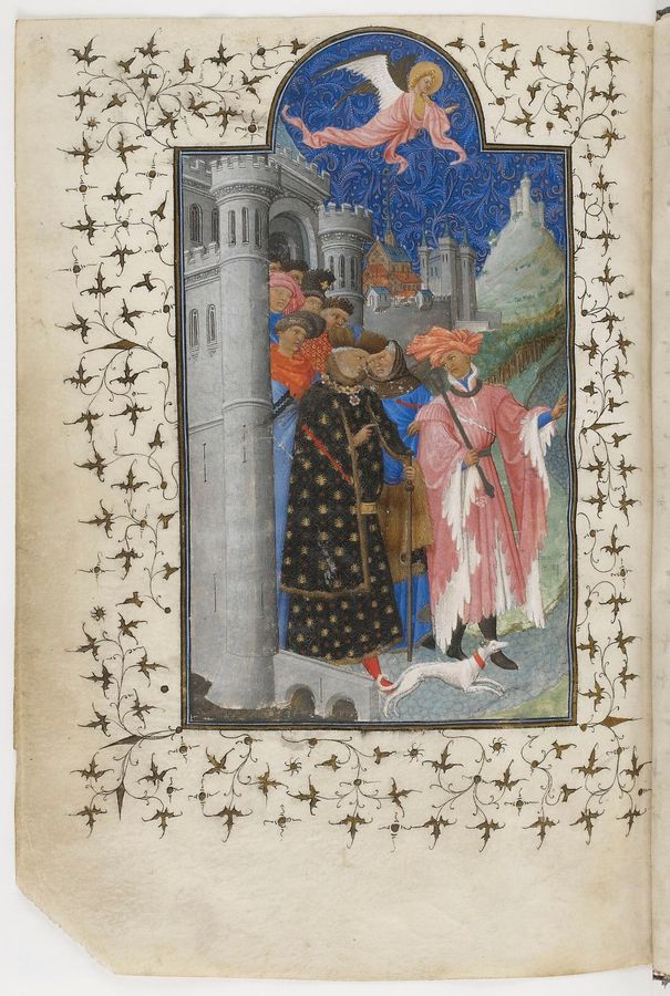 Additional miniature to Les Petites Heures de Jean de Berry. Duke Jean de Berry departing on a pilgrimage