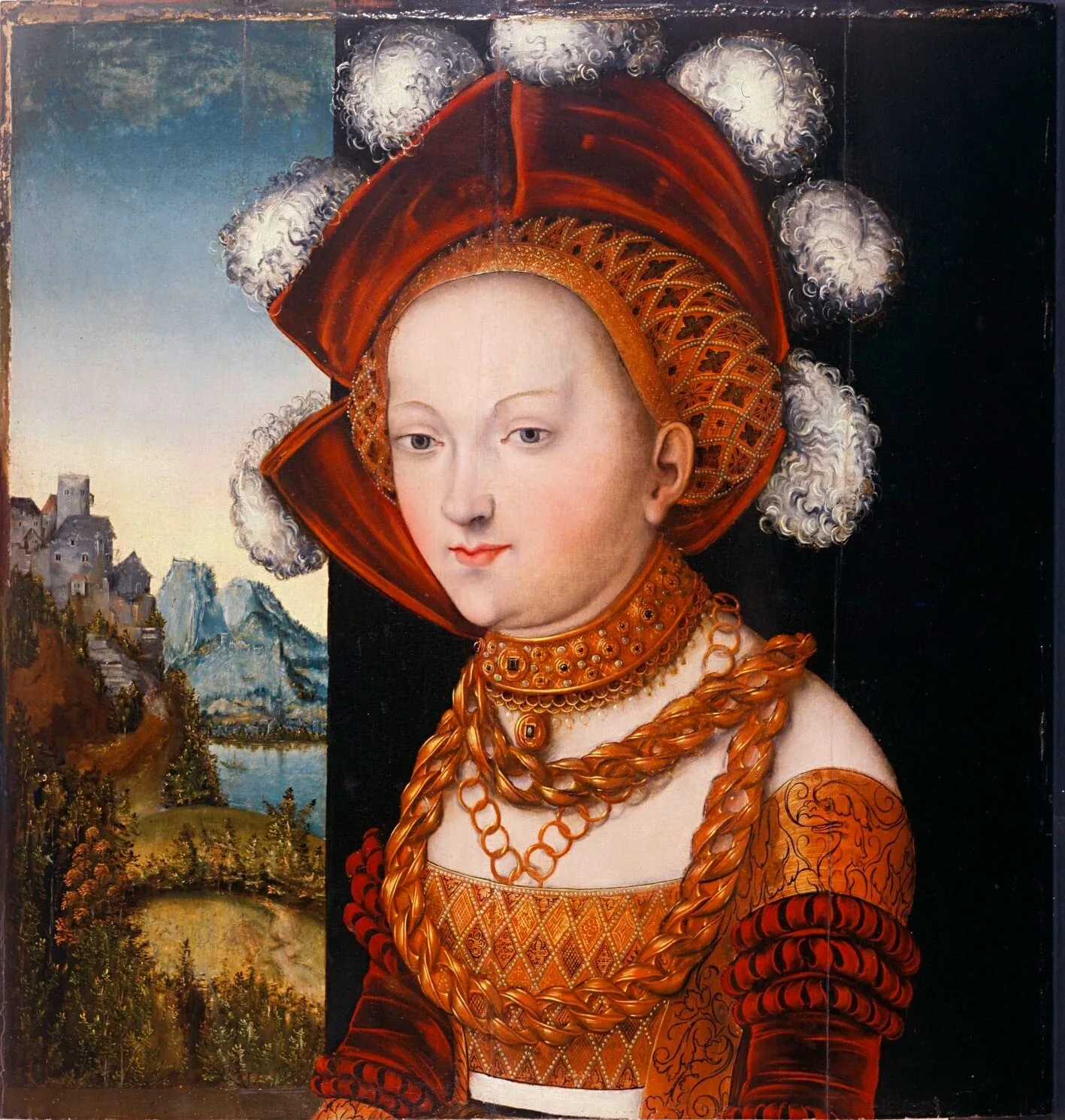 German : Damenbildnis, früher Salome mit dem Haupt Johannes des Täufers A finely dressed young Lady / Portrait of a Young Woman