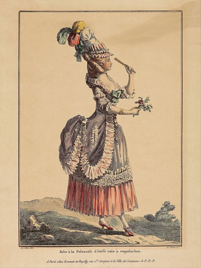 print; coloured engraving - Robe a Poloniose d'etoffe unie a coqueluchon