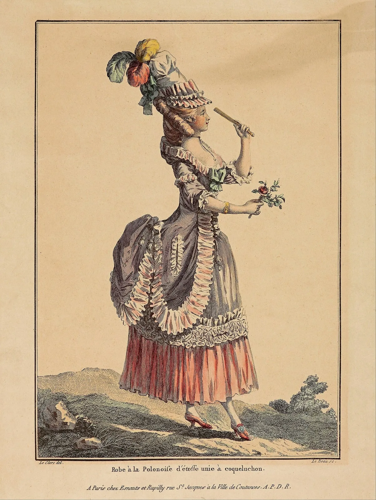print; coloured engraving - Robe a Poloniose d'etoffe unie a coqueluchon