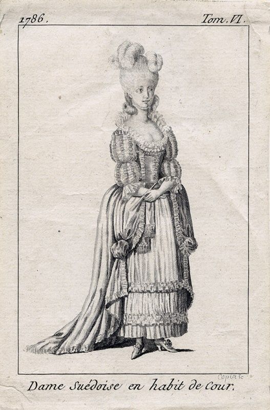 Gustaf III-s nationella dräkt, svenska dräkten. Dame Suédoise en habit de Cour. Dam i hovdräkt - Nordiska Museet - NMA.0054234