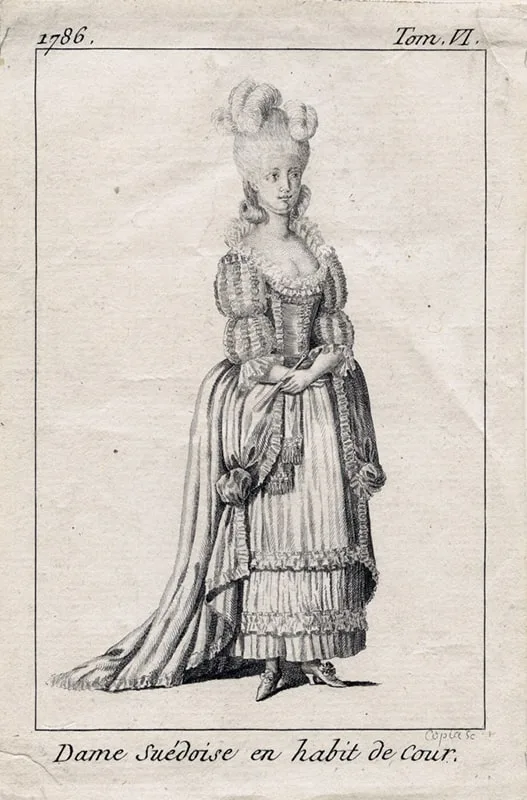 Gustaf III-s nationella dräkt, svenska dräkten. Dame Suédoise en habit de Cour. Dam i hovdräkt - Nordiska Museet - NMA.0054234