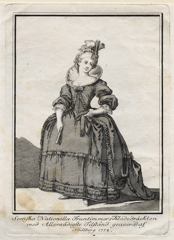 Gustaf IIIs nationella dräkt. Svenska Nationella Fruntimmers Klädedräckten - Nordiska Museet - NMA.0054235