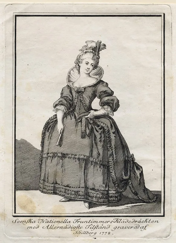 Gustaf IIIs nationella dräkt. Svenska Nationella Fruntimmers Klädedräckten - Nordiska Museet - NMA.0054235