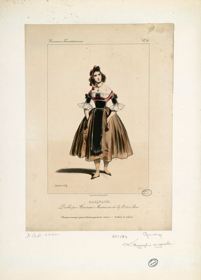 Basquaise - Chapeau, corsage et jupe de mérinos garnis de velours, souliers de velours (Nouveaux travestissemens, n° 60)