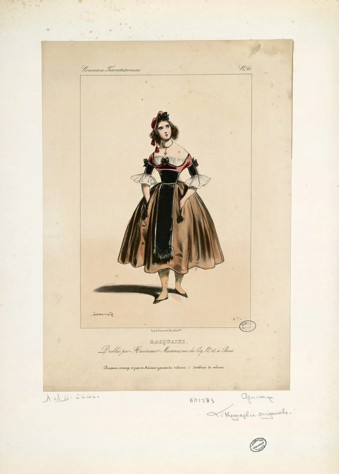 Basquaise - Chapeau, corsage et jupe de mérinos garnis de velours, souliers de velours (Nouveaux travestissemens, n° 60)