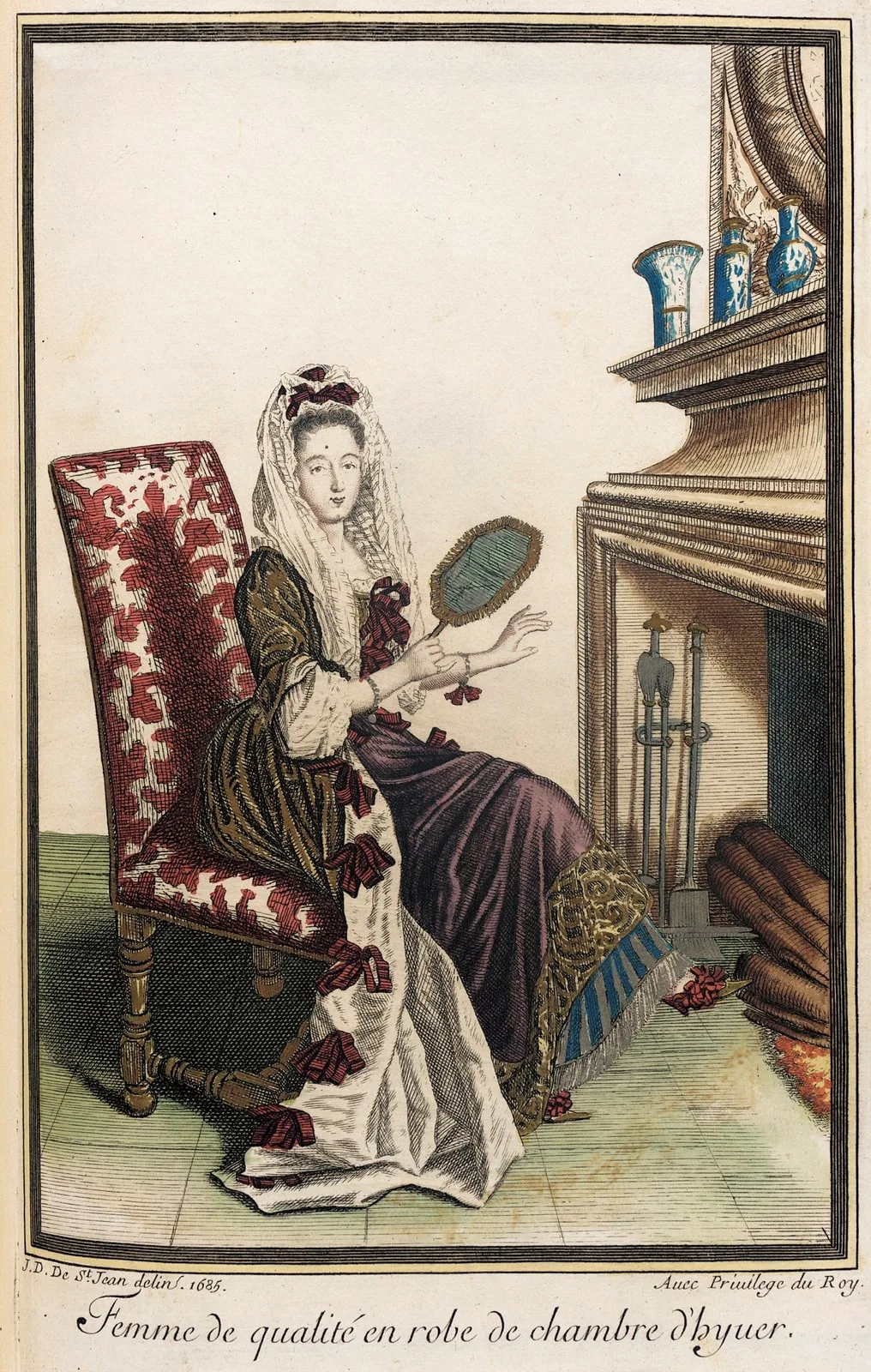 Recueil des modes de la cour de France, ' Femme de Qualité en Robe de Chambre d ' Hyuer '
