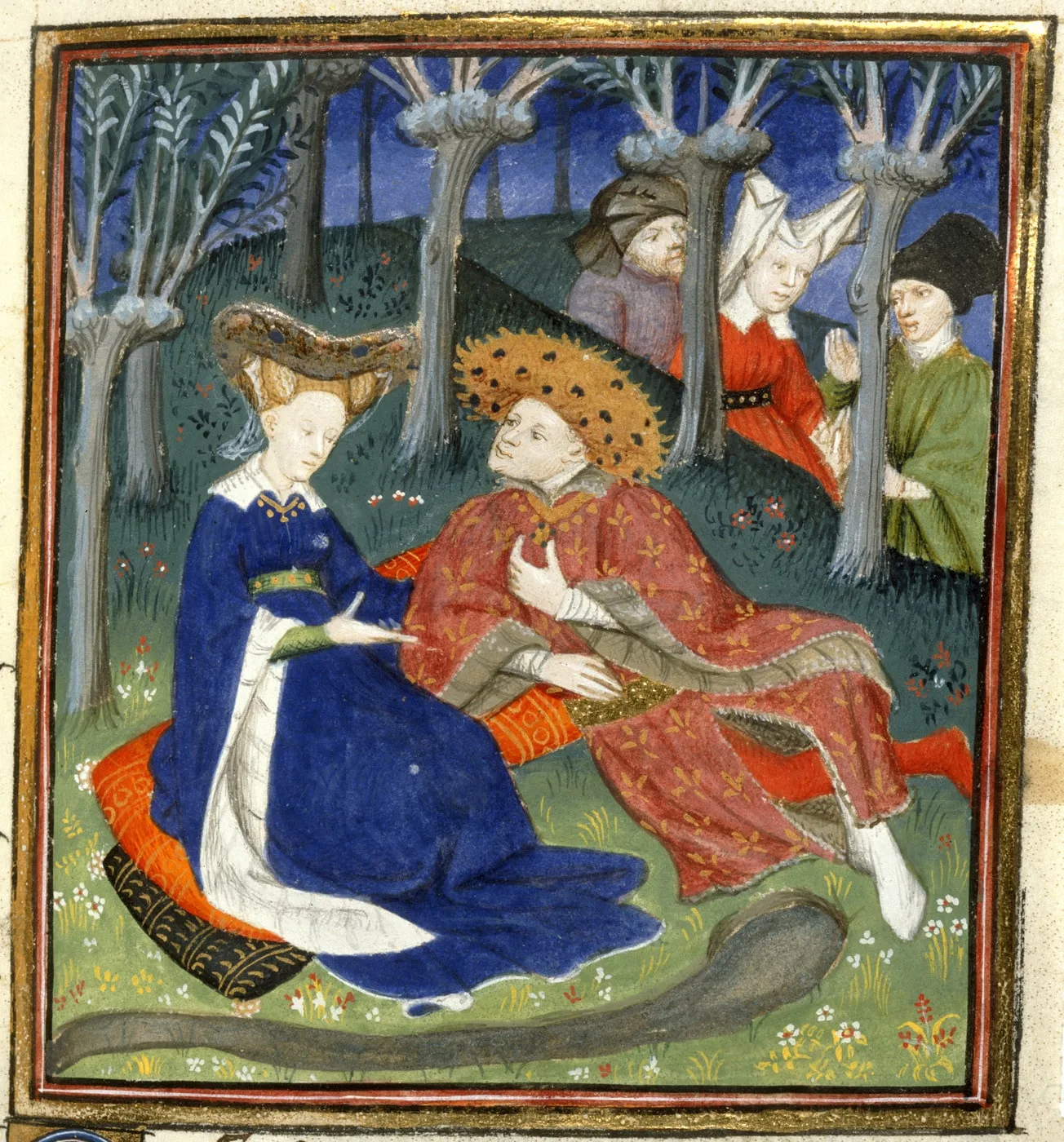 Duke and ladies in a garden - Collected Works of Christine de Pisan (1410-1411), f.145 - BL Harley MS 4431