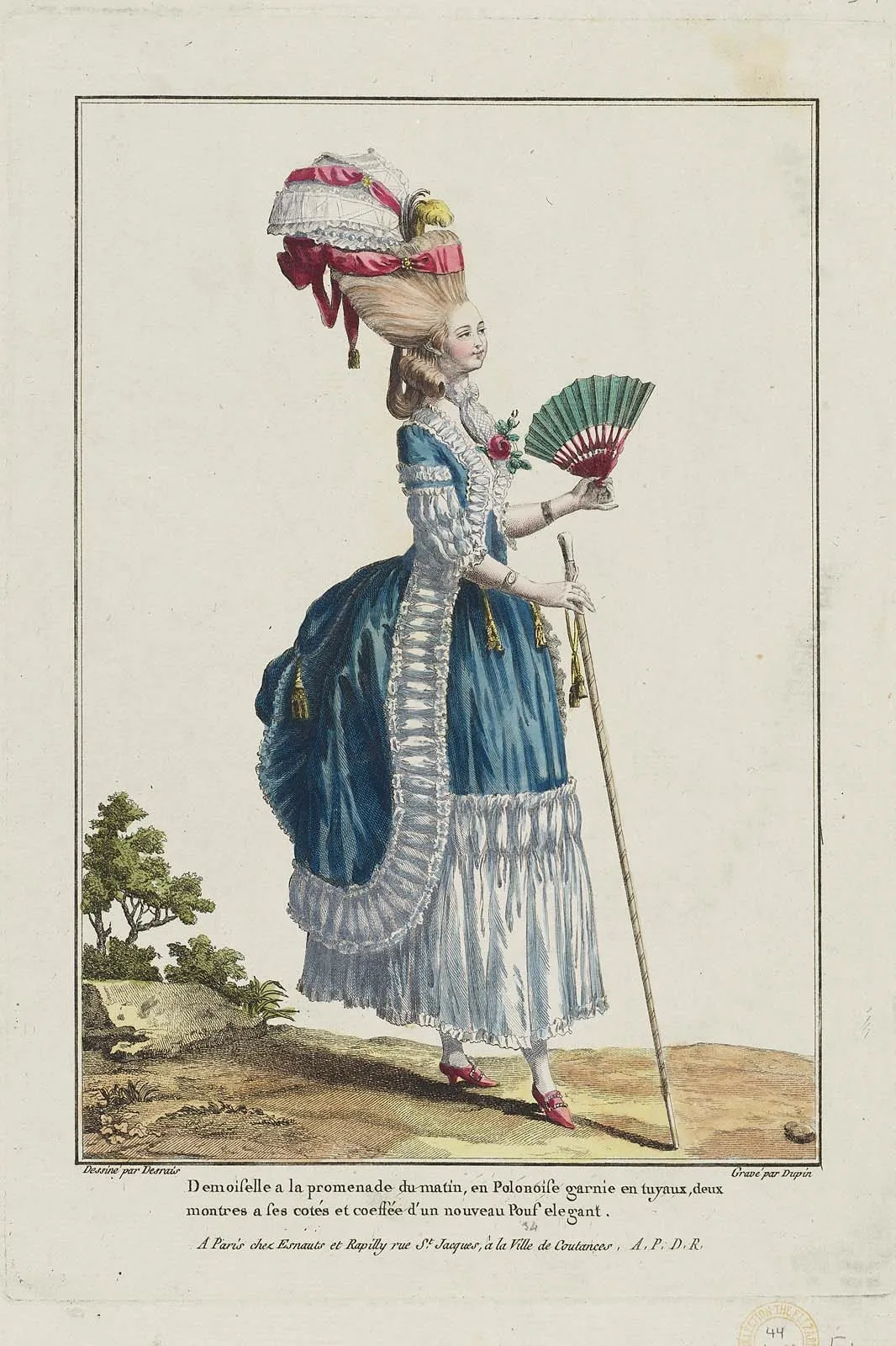 French : Demoiselle à la promenade du matin, en Polonoise garnie en tuyaux, deux montres a ses cotés et coiffée d’un nouveau Pouf elegant.