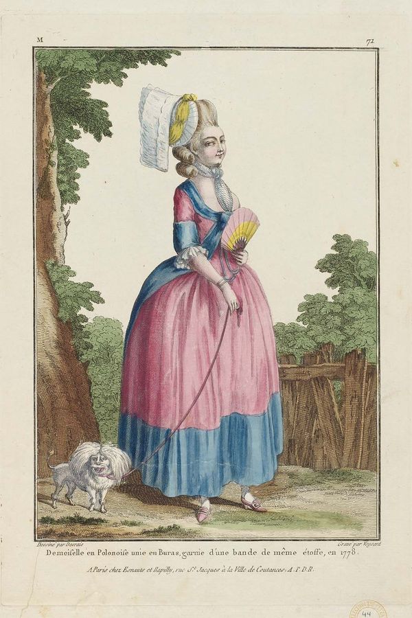 French : Demoiselle en Polonoise unie en Buras, garnie d’une bande de même étoffe, en 1778.
