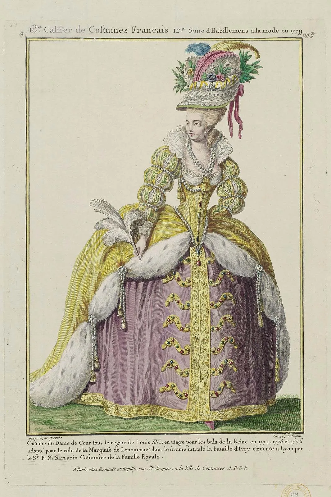 French : Costume de Dame de Cour sous le règne de Louis XVI, en usage pour les bals de la Reine en 1774,1775 et 1776 adopté pour le role de la Marquise de Lenoncourt dans le drame intitule la bataille d’Ivry éxécuté a Lyon par le Sr. P. N. Sarrazin Costummier de la Famille Royale.