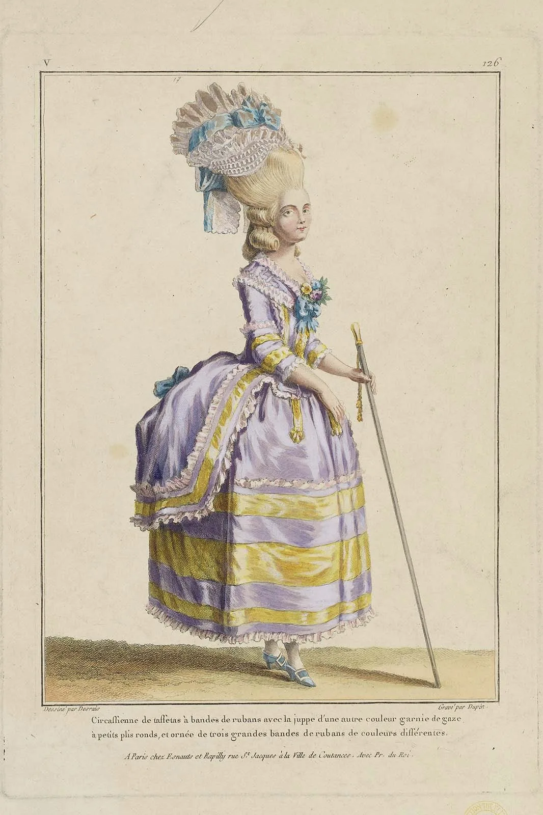 French : Circassiene de taffetas à bandes de rubans avec la juppe d’une autre couleur garnie de gaze à petits plis ronds, et ornée de trois grandes bandes de rubans de couleurs différentes.