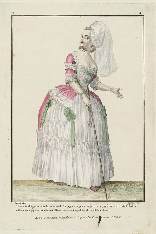 French : Cauchoise élégante dans le costume de son pays; elle porte un juste à la paysanne garni du falbala en taffetas rose juppon de même étoffe, et garni de même, tablier de mousseline claire.