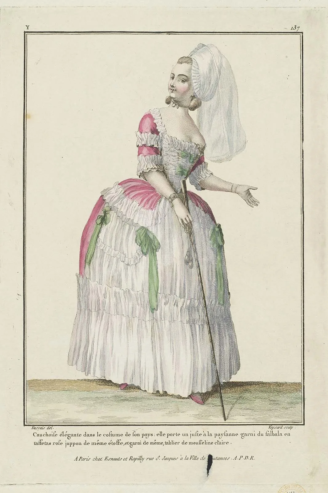 French : Cauchoise élégante dans le costume de son pays; elle porte un juste à la paysanne garni du falbala en taffetas rose juppon de même étoffe, et garni de même, tablier de mousseline claire.