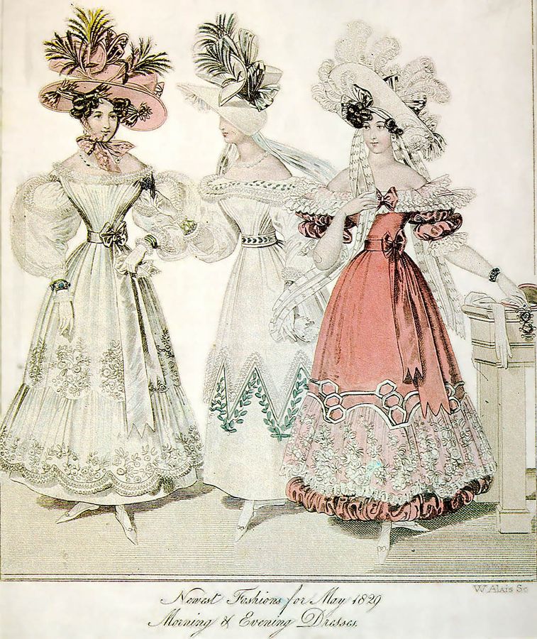 "Newest Fashions for May 1829, Morning and Evening Dresses", a fashion plate from World of Fashion .