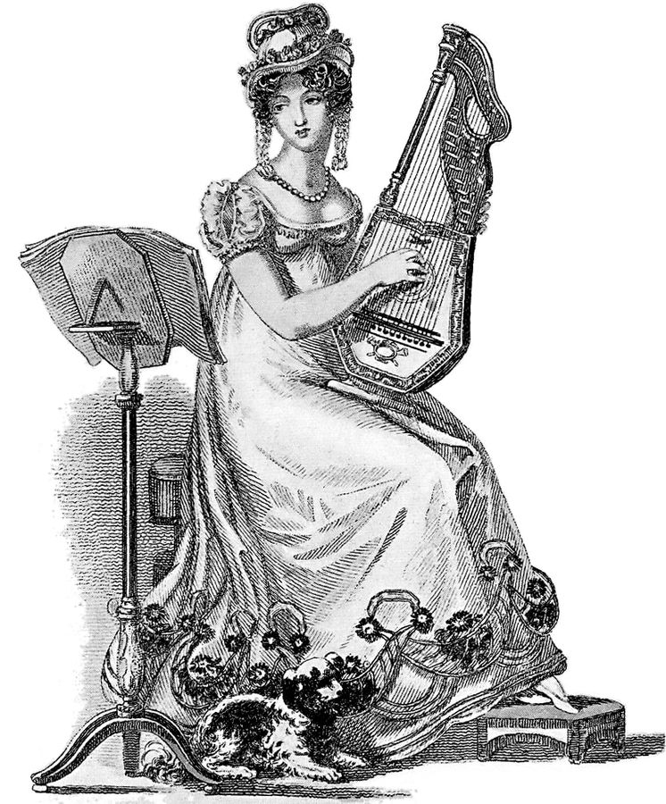 An 1819 evening dress from Ackermann's Repository , worn by a harp-playing young lady