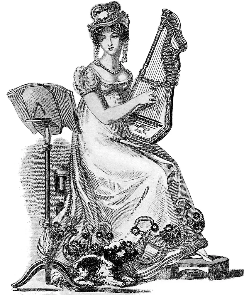 An 1819 evening dress from Ackermann's Repository , worn by a harp-playing young lady