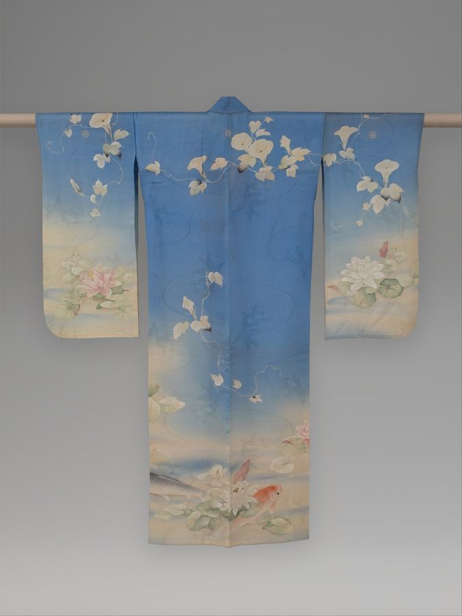 浅葱絽地鯉睡蓮朝顔模様単衣