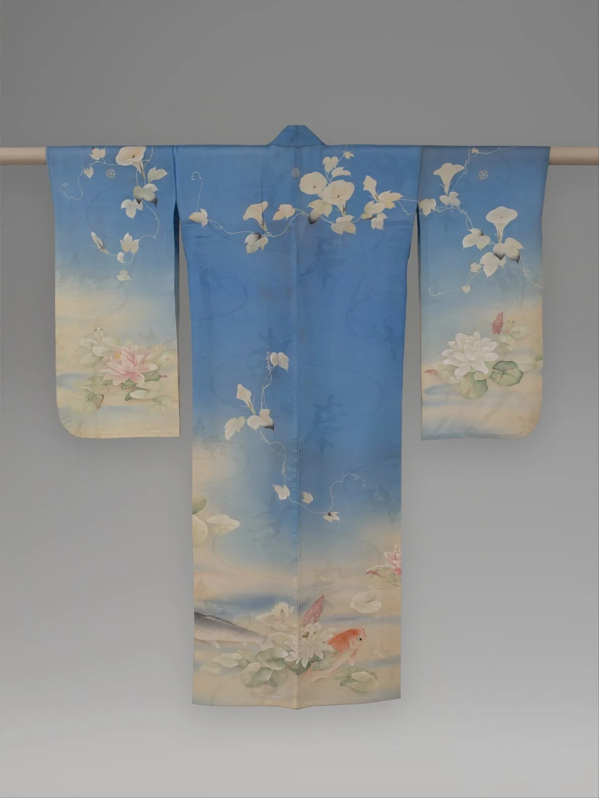 浅葱絽地鯉睡蓮朝顔模様単衣