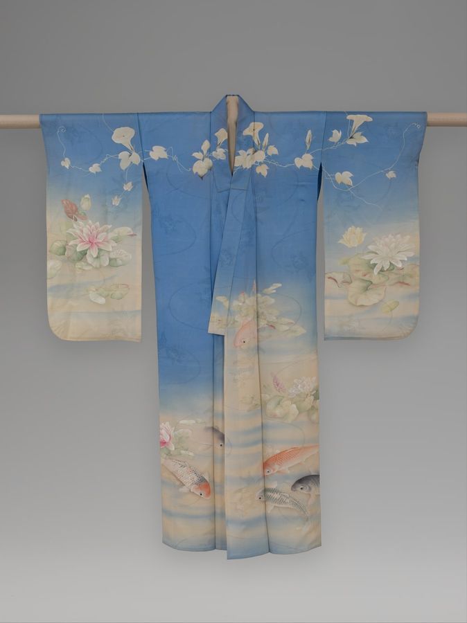 浅葱絽地鯉睡蓮朝顔模様単衣