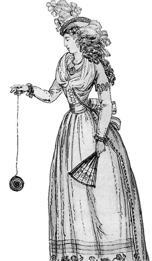 A woman playing with an early form of the yo-yo
