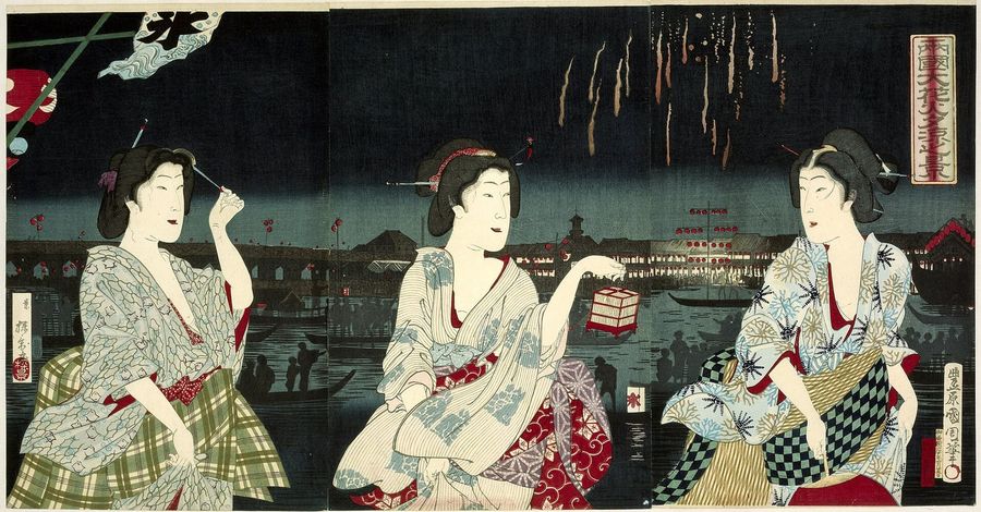 Genietend van het avondbriesje tijdens het vuurwerk te Ryogoku Ryogoku hanabi yusuzumi no kei (titel op object), RP-P-1988-385
