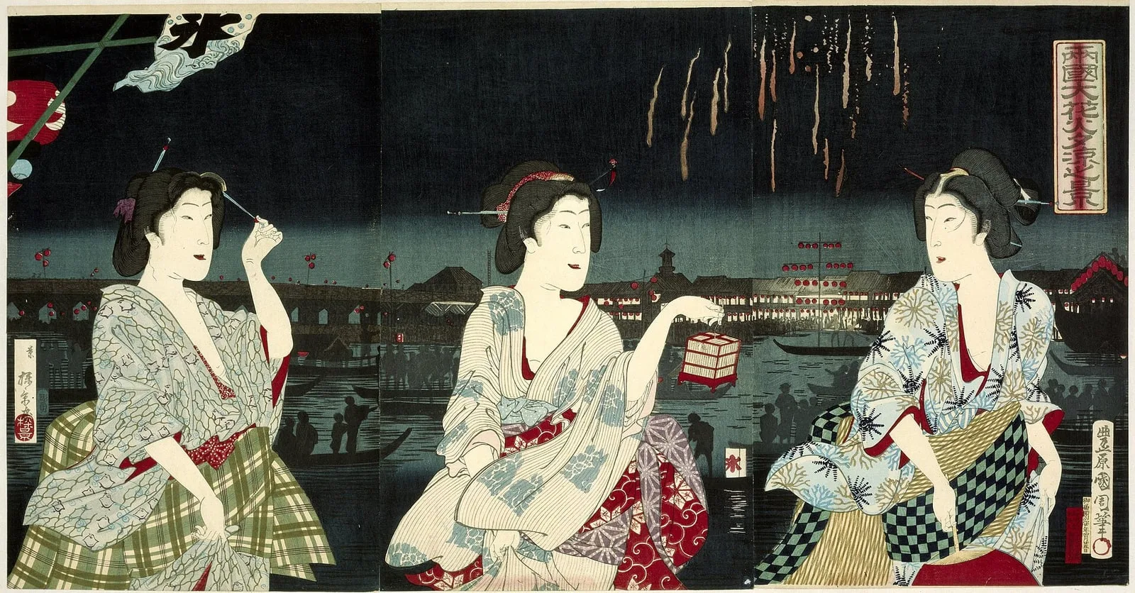 Genietend van het avondbriesje tijdens het vuurwerk te Ryogoku Ryogoku hanabi yusuzumi no kei (titel op object), RP-P-1988-385