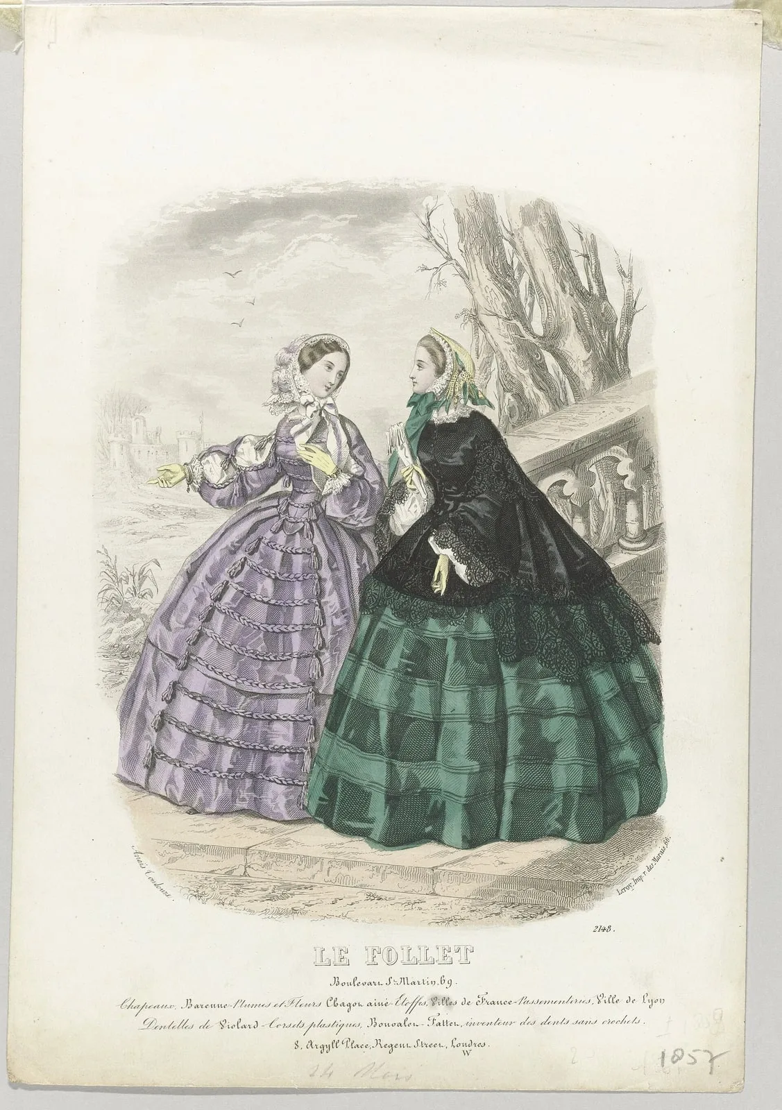 Een explosie van modetijdschriften Le Follet, 1857, No. 2148 Chapeaux Barenn, RP-P-2009-3422