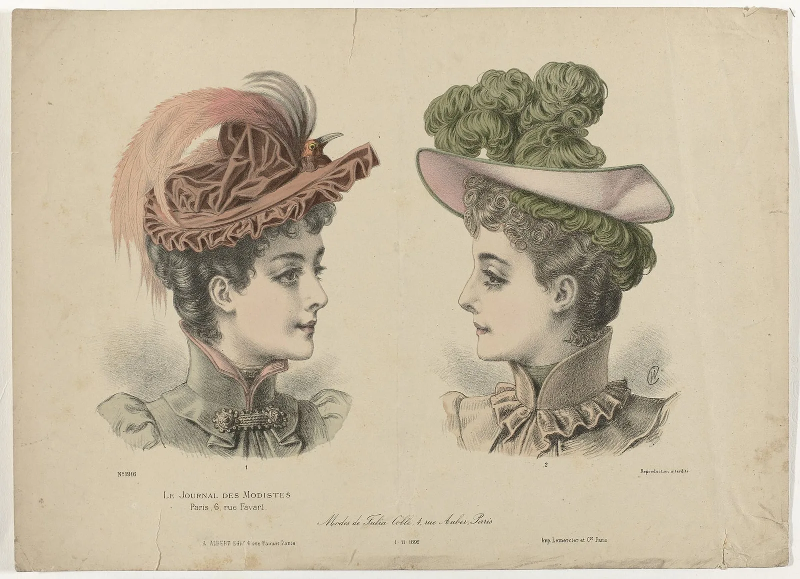Le Journal des Modistes, 1-11-1892, No. 1916 Modes de Julia Coll, RP-P-2009-3750