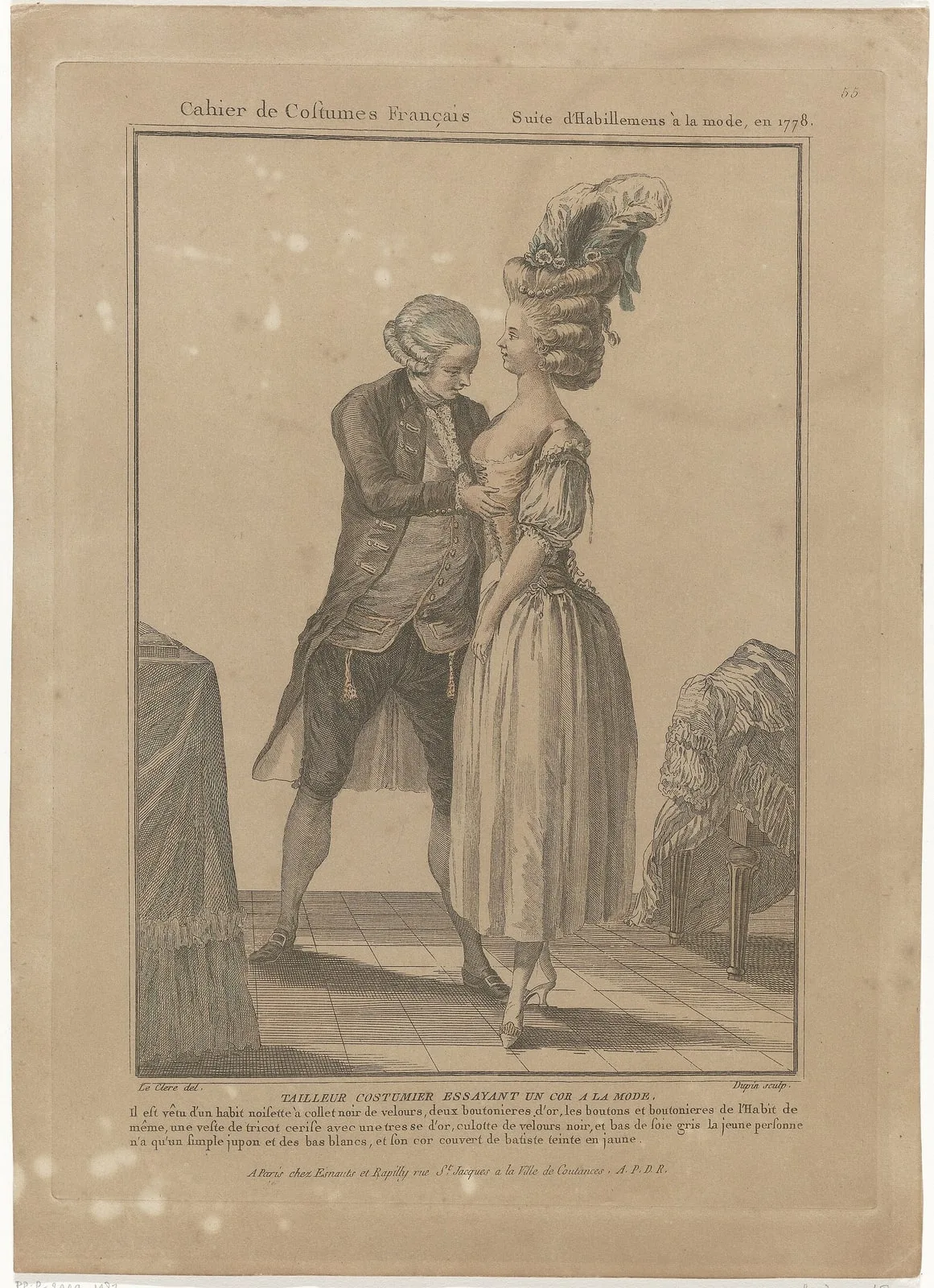 Gallerie des Modes et Costumes Français, 1778, P 85 Tailleur costumier essayant un cor de la mode, RP-P-2009-1487