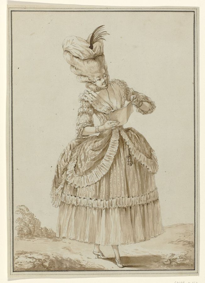 Gallerie des Modes Petite Maitresse, een brief lezend, RP-T-2009-138