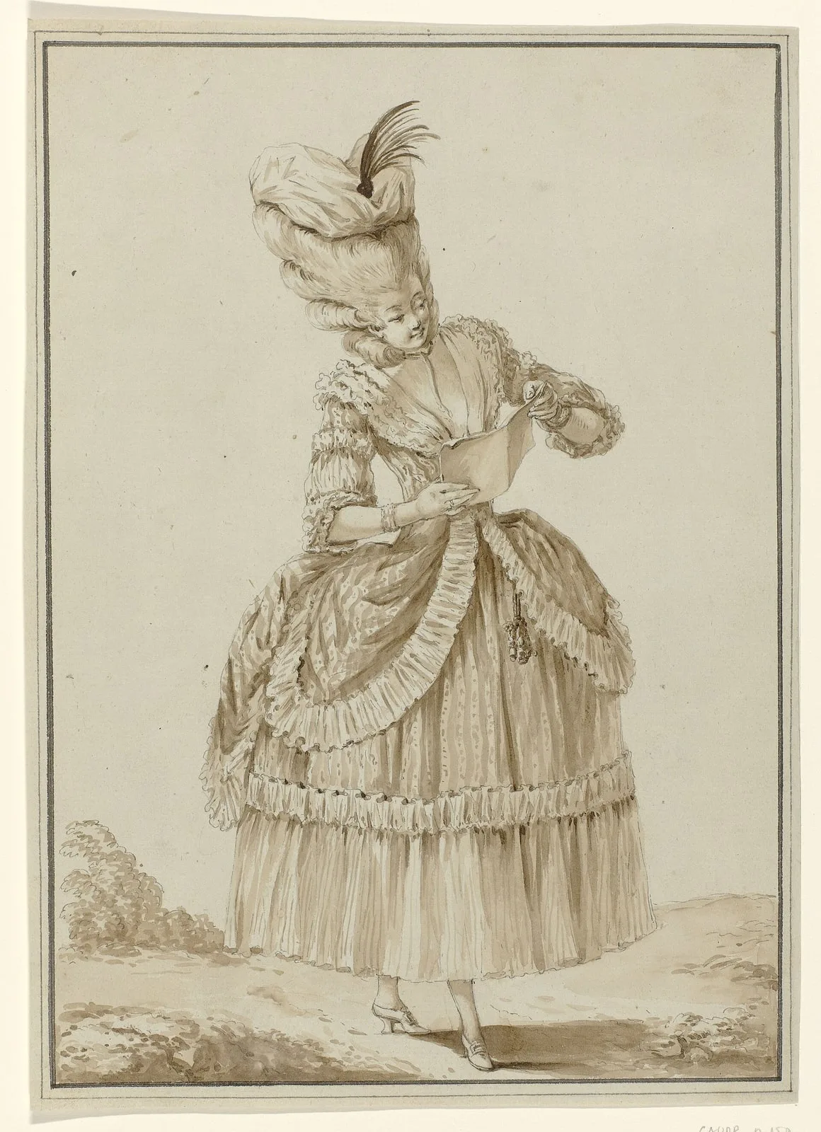 Gallerie des Modes Petite Maitresse, een brief lezend, RP-T-2009-138