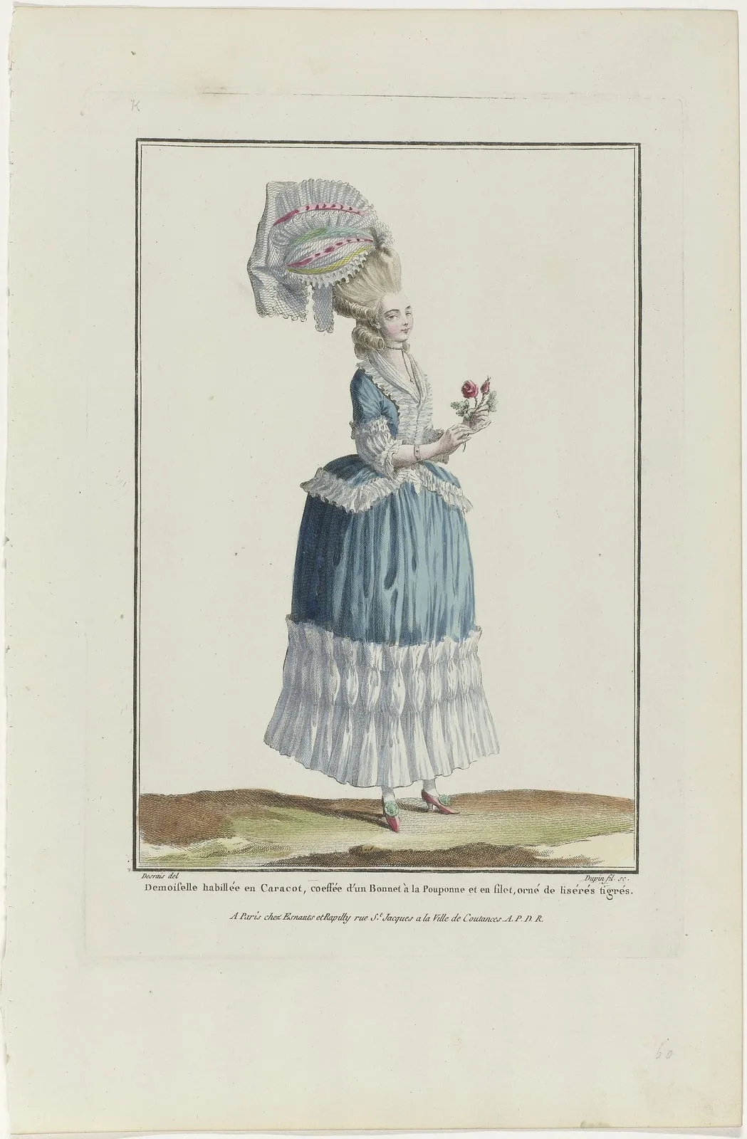 Gallerie des Modes et Costumes Français, 1778, K 59 Demoiselle habillée en Caracot (..), RP-P-2009-1148