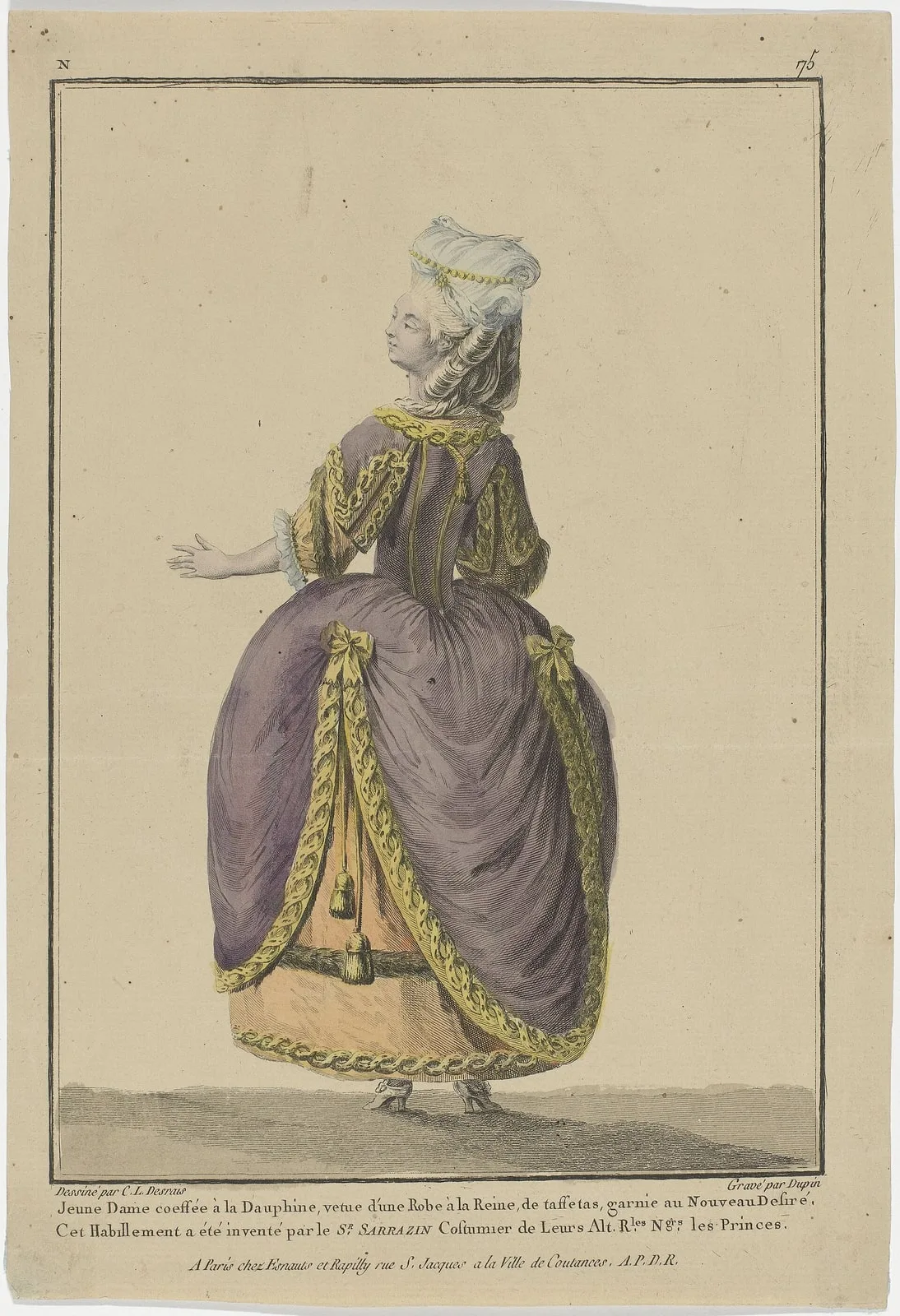 Gallerie des Modes et Costumes Français, 1778, N 75 Jeune Dame coeffée a la Dauphin (..)., RP-P-2009-1151