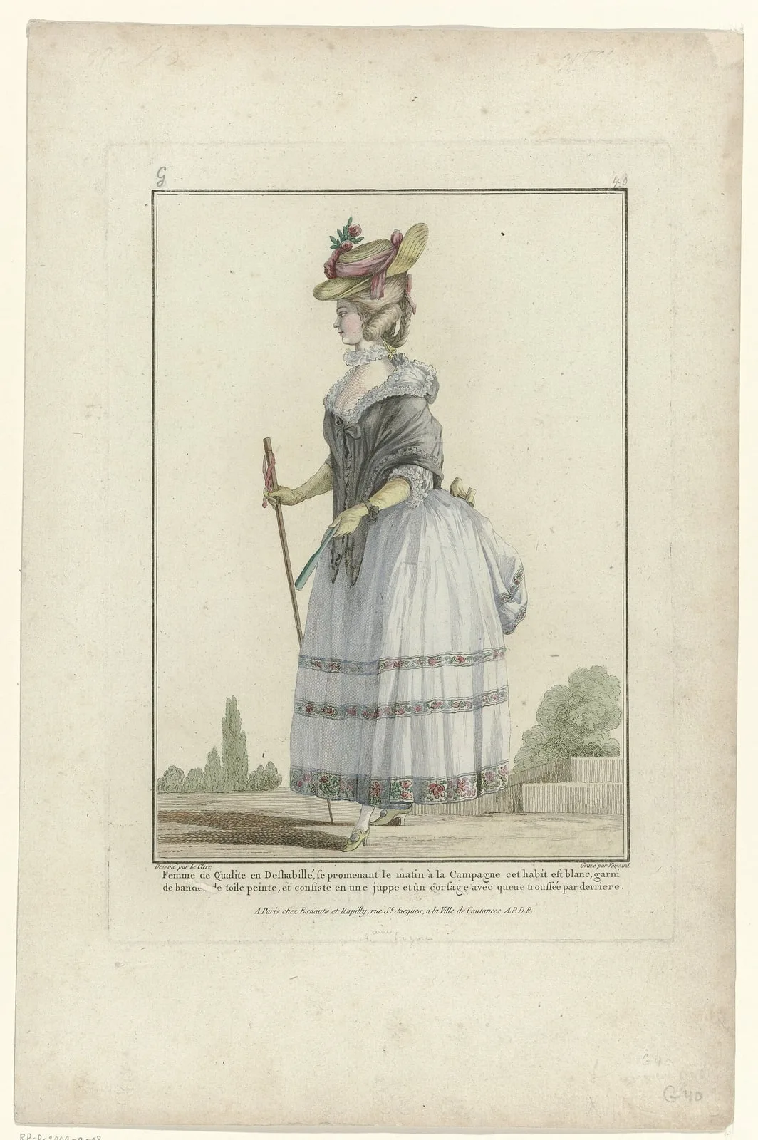 Gallerie des Modes et Costumes Français 1776, G 40 Femme de Qualité en Deshabillé se promenant le matin (..), RP-P-2009-2098