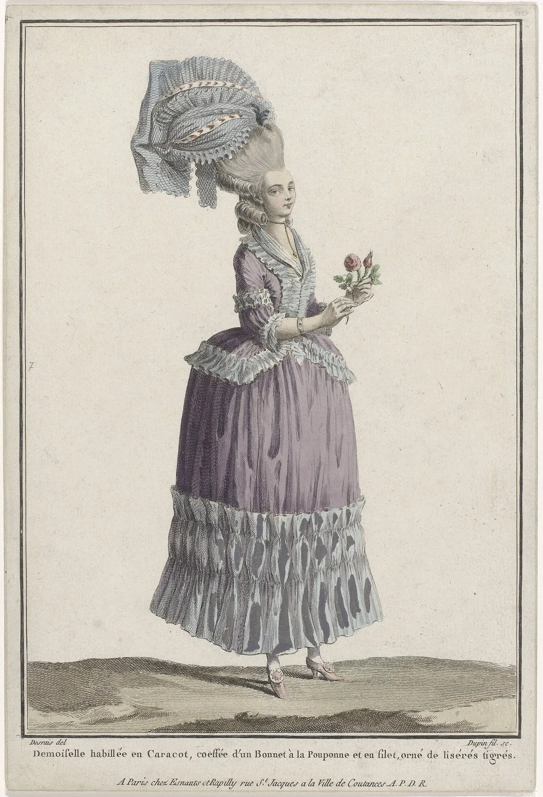 Gallerie des Modes et Costumes Français, 1778, K 59 Demoiselle habillée en Caracot (..), RP-P-2009-2101