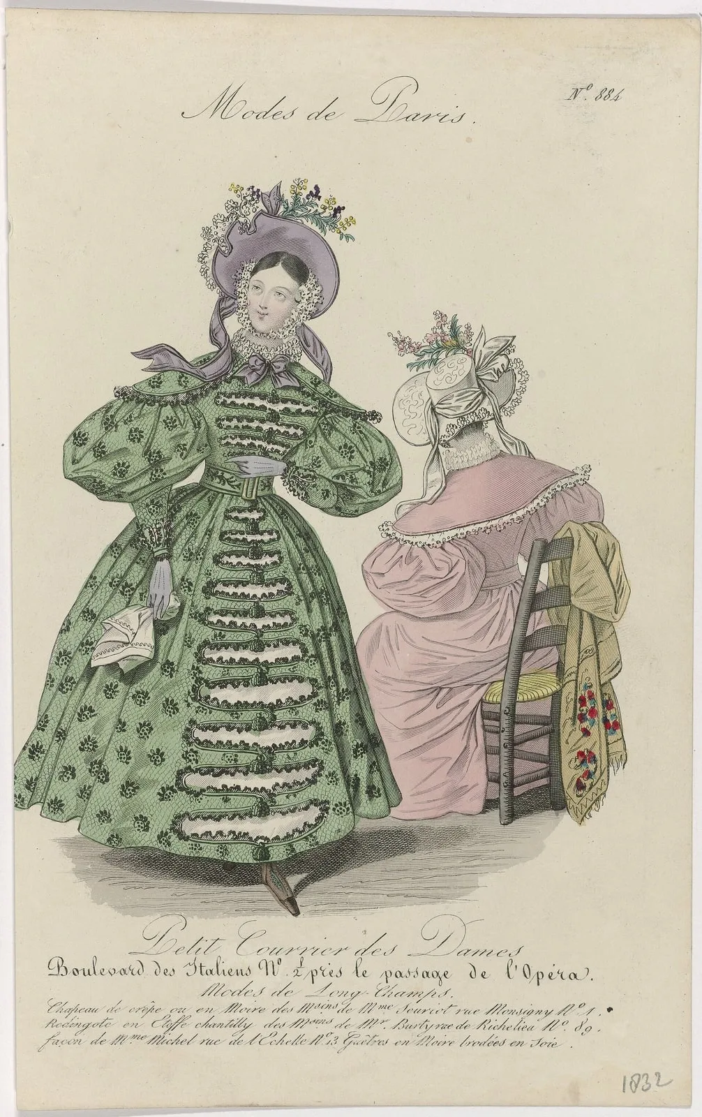 Petit Courrier des Dames, 1832, No. 884 Chapeau de crêpe ou en Moir (..), RP-P-2009-2995