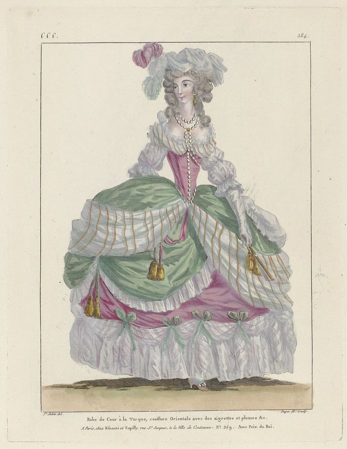 Gallerie des Modes et Costumes Français, 1787, sss 384 Robe de Cour à la Turque (..), RP-P-2009-1220