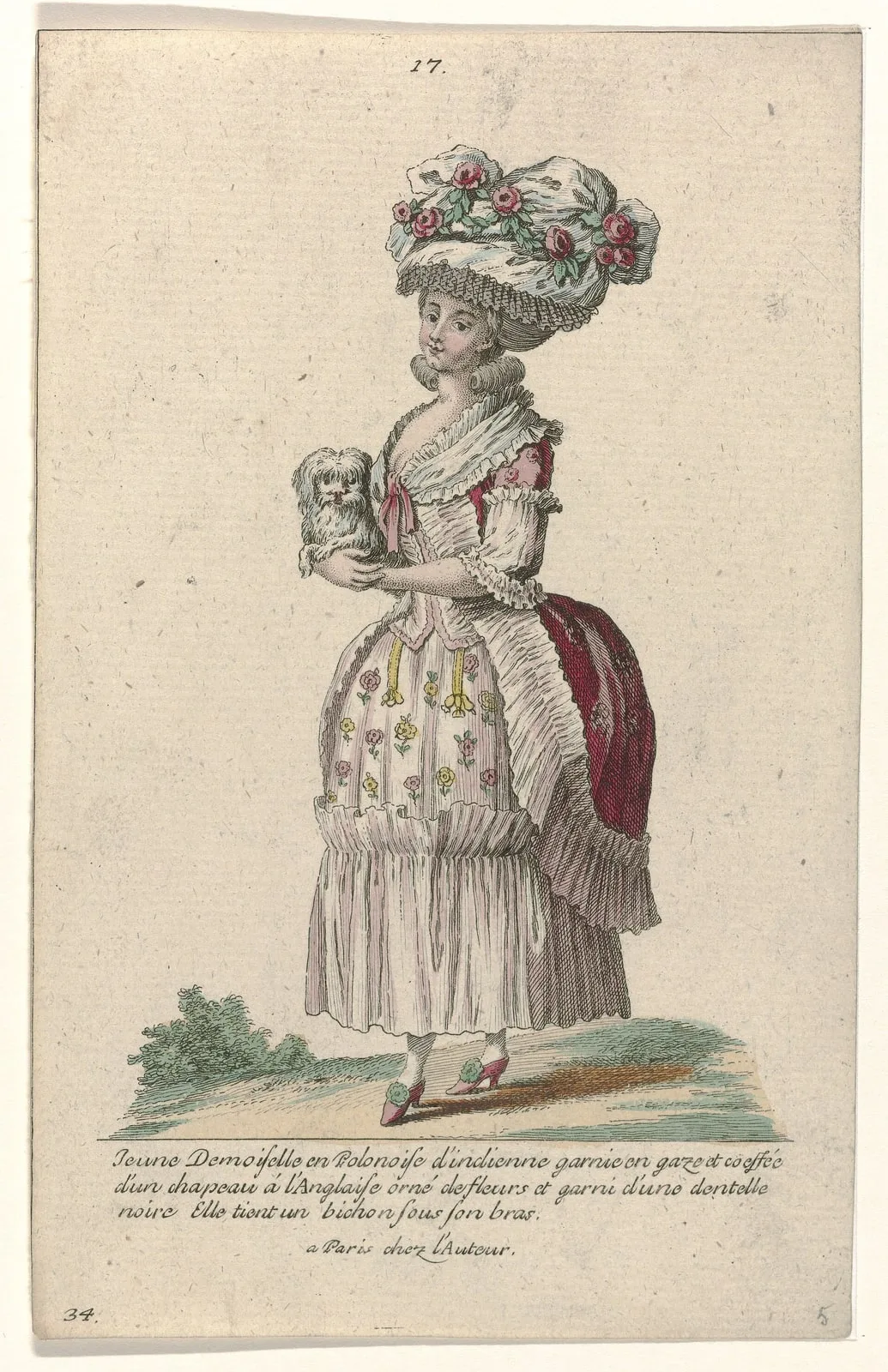 Gallerie des Modes et Costumes Français, 1785, nr. 17, nr. 34, Kopie naar Q 95 Jeune Demoiselle en Polonoise d'indienn (..), RP-P-2009-1252