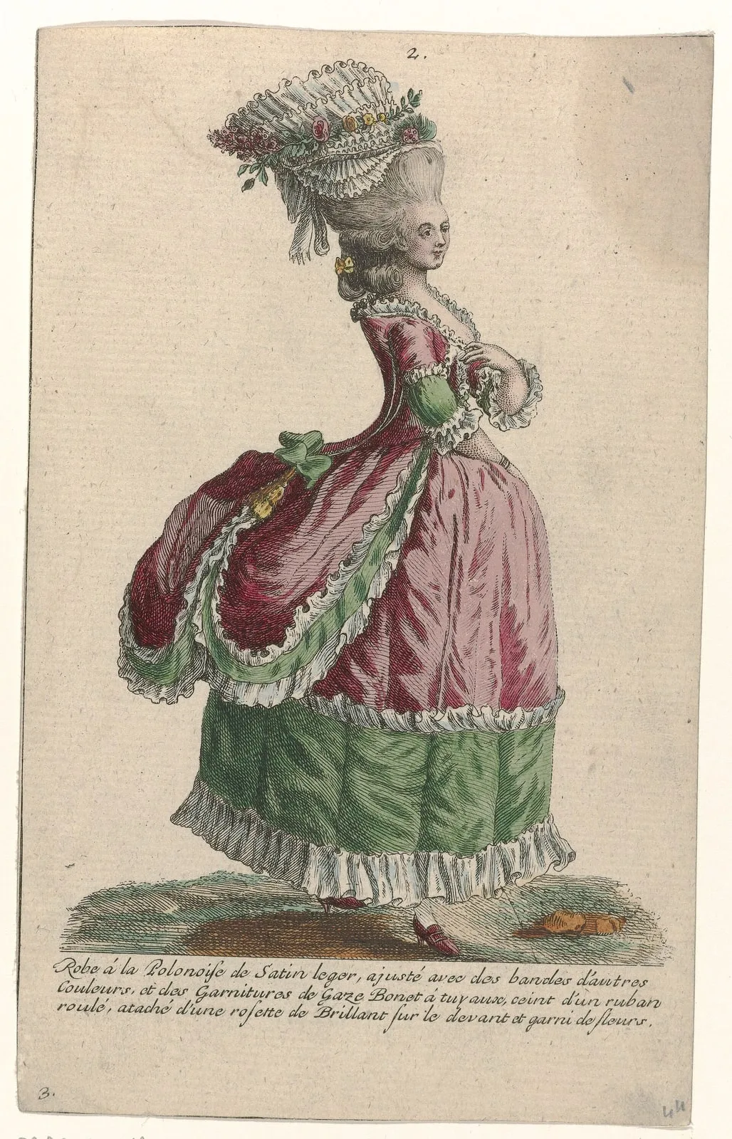 Gallerie des Modes et Costumes Français, 1785, nr. 2, nr. 3, Kopie naar gg 181 Robe à la Polonoise de Satin (..), RP-P-2009-1247