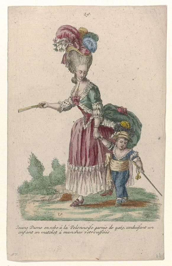 Gallerie des Modes et Costumes Français, 1785, nr. 29, nr. 57, Kopie naar jj 198 Jeune Dame en robe à la Polonnois (..), RP-P-2009-1243