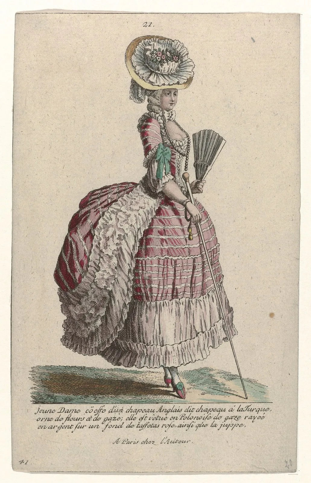 Gallerie des Modes et Costumes Français, 1785, nr. 21, nr. 41, Kopie naar V 123 Jeune dame coëffé d'un chapeau Anglais (..), RP-P-2009-1241