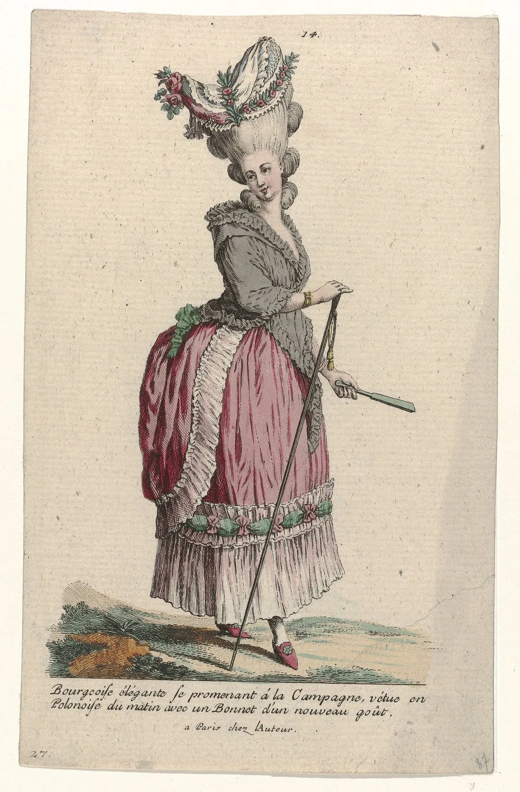 Gallerie des Modes et Costumes Français, 1785, nr. 14, nr. 27, Kopie naar J 53 Bourgeoise élégante se promenant (..), RP-P-2009-1238