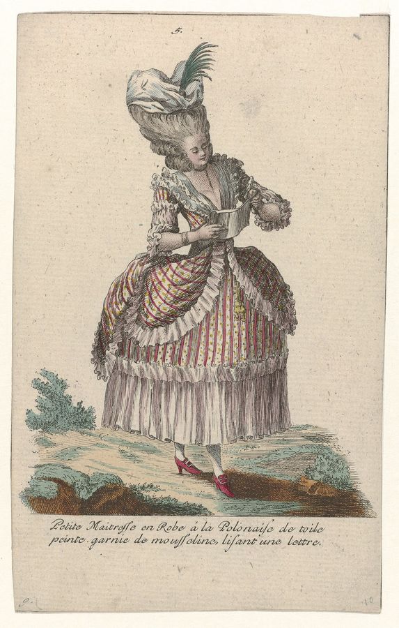 Gallerie des Modes et Costumes Français, 1785, nr. 5, nr. 9, Kopie naar G 39 Petite Maitresse en Robe a la Polonais (..)., RP-P-2009-1230